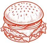 A stylized cheeseburger with a top bun, patty, melted cheese, and lettuce layers.