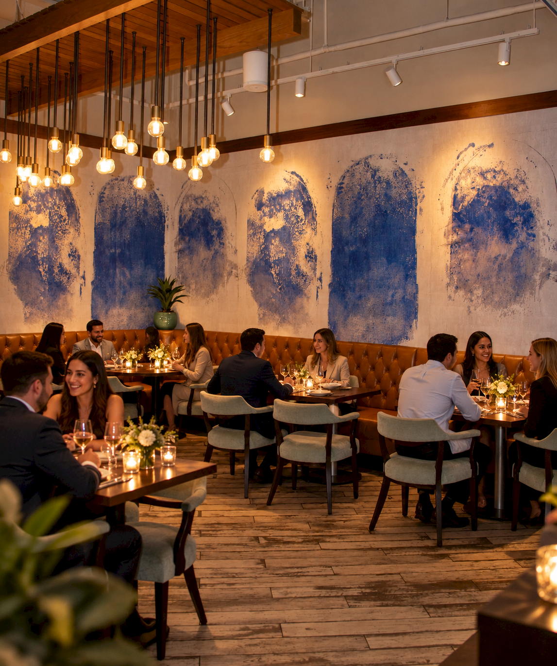 A cozy restaurant with diners seated at candlelit tables, warm hanging Edison-style bulbs, and blue abstract wall art.
