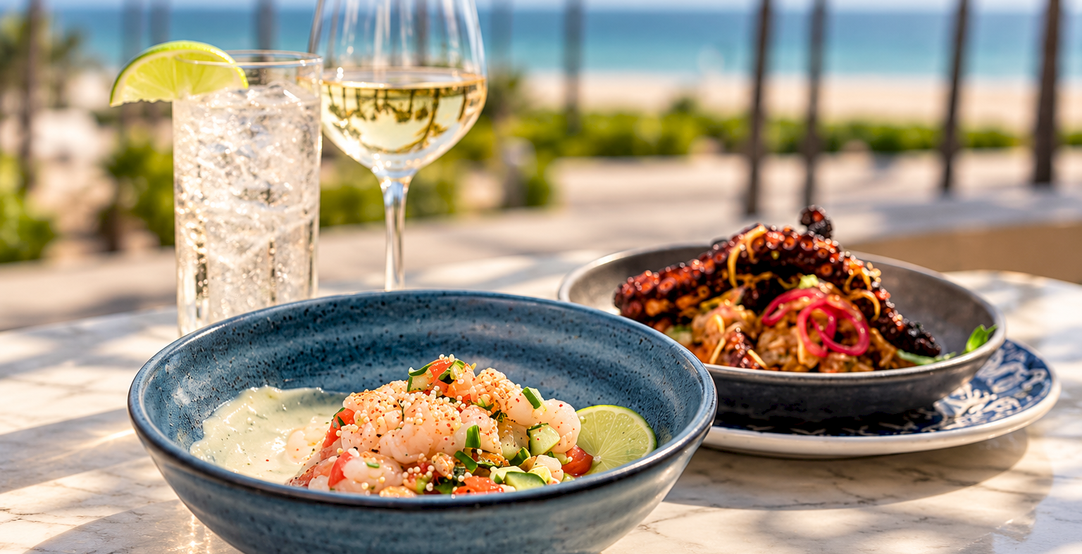 Two bowls of colorful seafood/ceviche-style dish on a patio with a lime garnish and two drinks by the ocean.