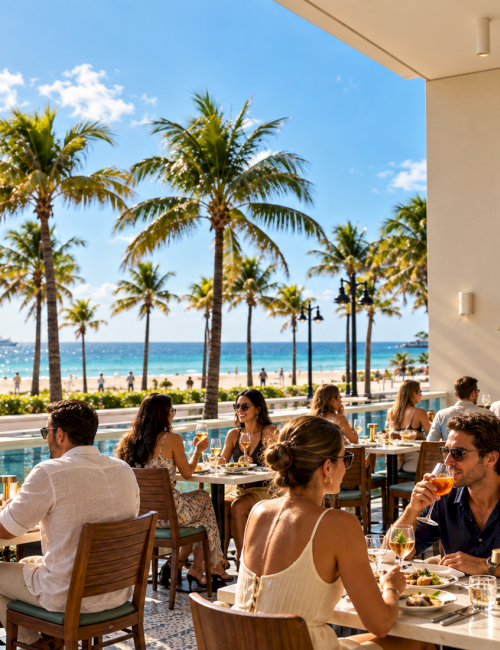 Friends dine and toast at an oceanfront patio with palm trees and blue skies.