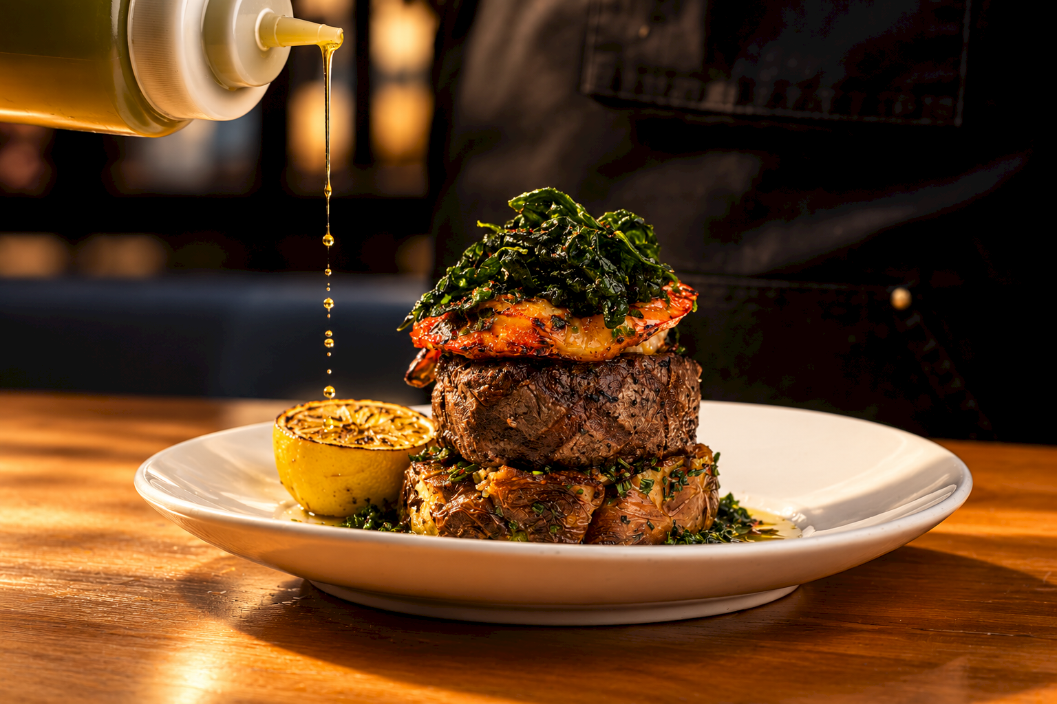 A juicy steak topped with greens and sauce, with oil dripping from above and a lemon half on a white plate.