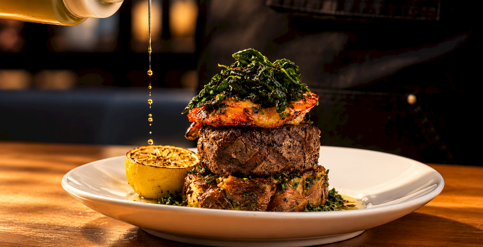 A juicy steak topped with greens and sauce, with oil dripping from above and a lemon half on a white plate.