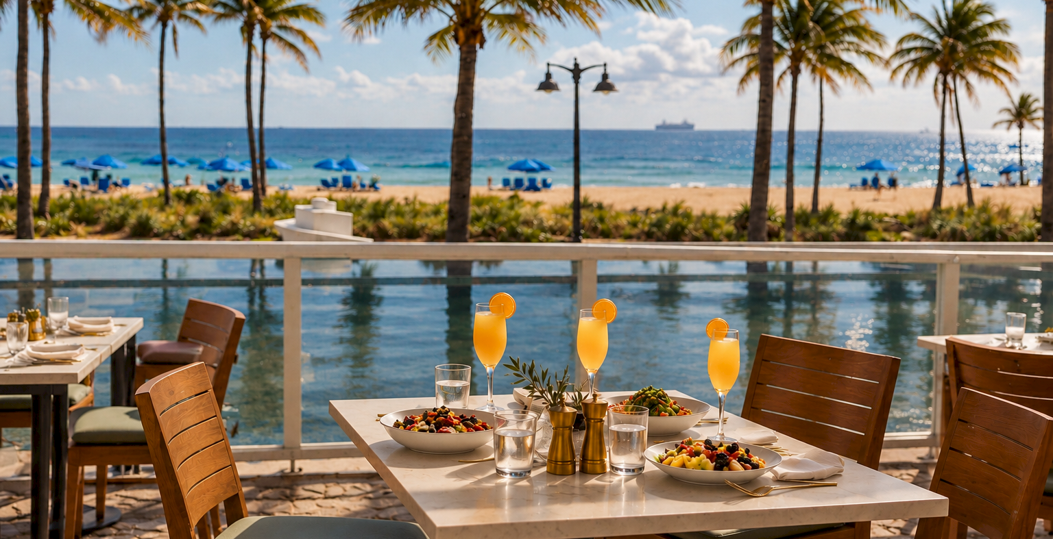 A seaside patio dining table with orange drinks and bowls of food, framed by palm trees and a sunny ocean view.