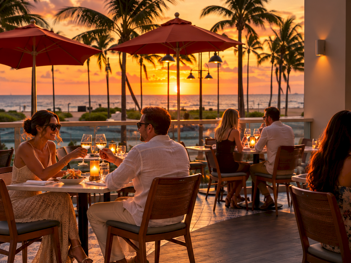 Sunset dinner on a beach terrace with friends toasting under red umbrellas and palm trees.