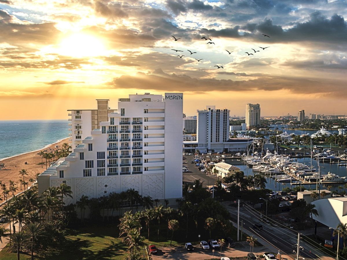 A beachfront hotel overlooks a marina at sunset, with palm trees and seabirds flying across the cloudy sky.