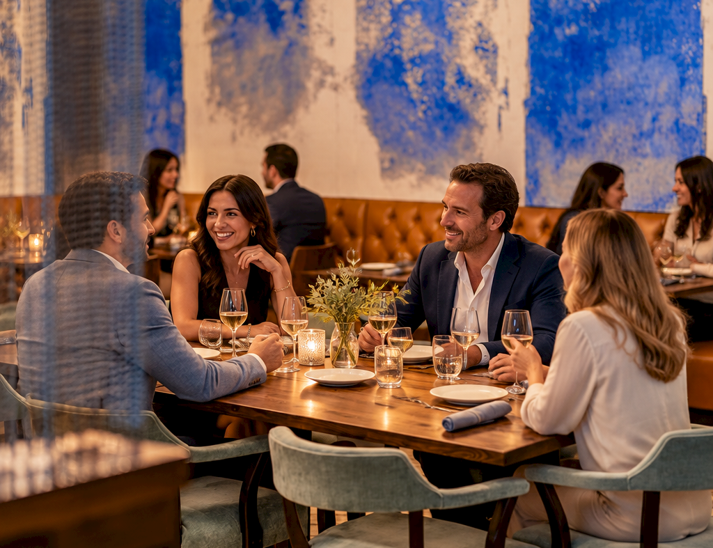 A cozy restaurant dinner with friends seated at a wooden table, chatting and toasting under hanging globe pendant lights.