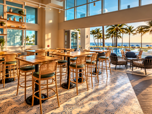 Sunny resort cafe with wooden tables, wicker chairs, shelves, and big windows overlooking palm-lined beach and ocean at dusk.