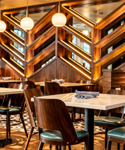 Cozy restaurant interior with green chairs, white-tablecloth tables, and warm backlit wooden lattice walls.