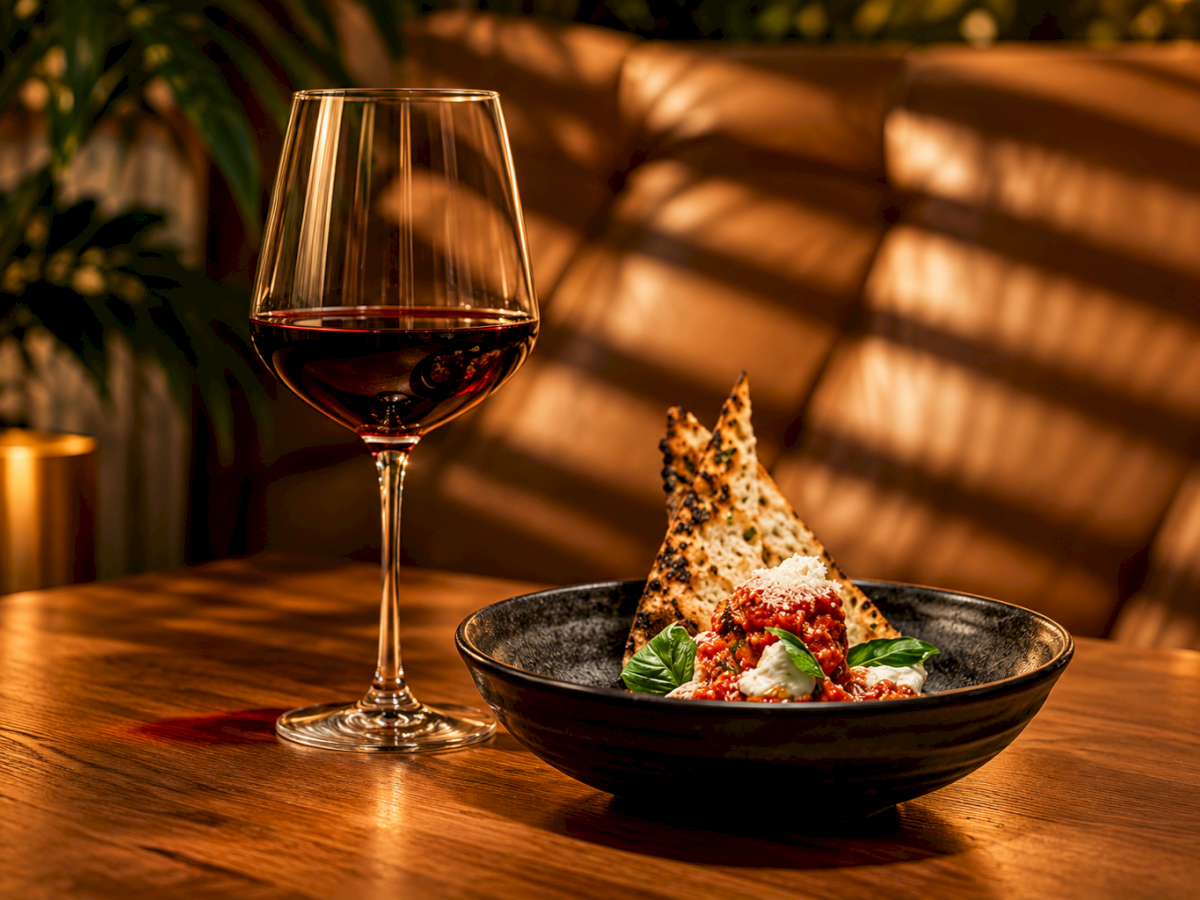 A glass of red wine sits beside a bowl of pizza topped with basil and cheese on a wooden table.