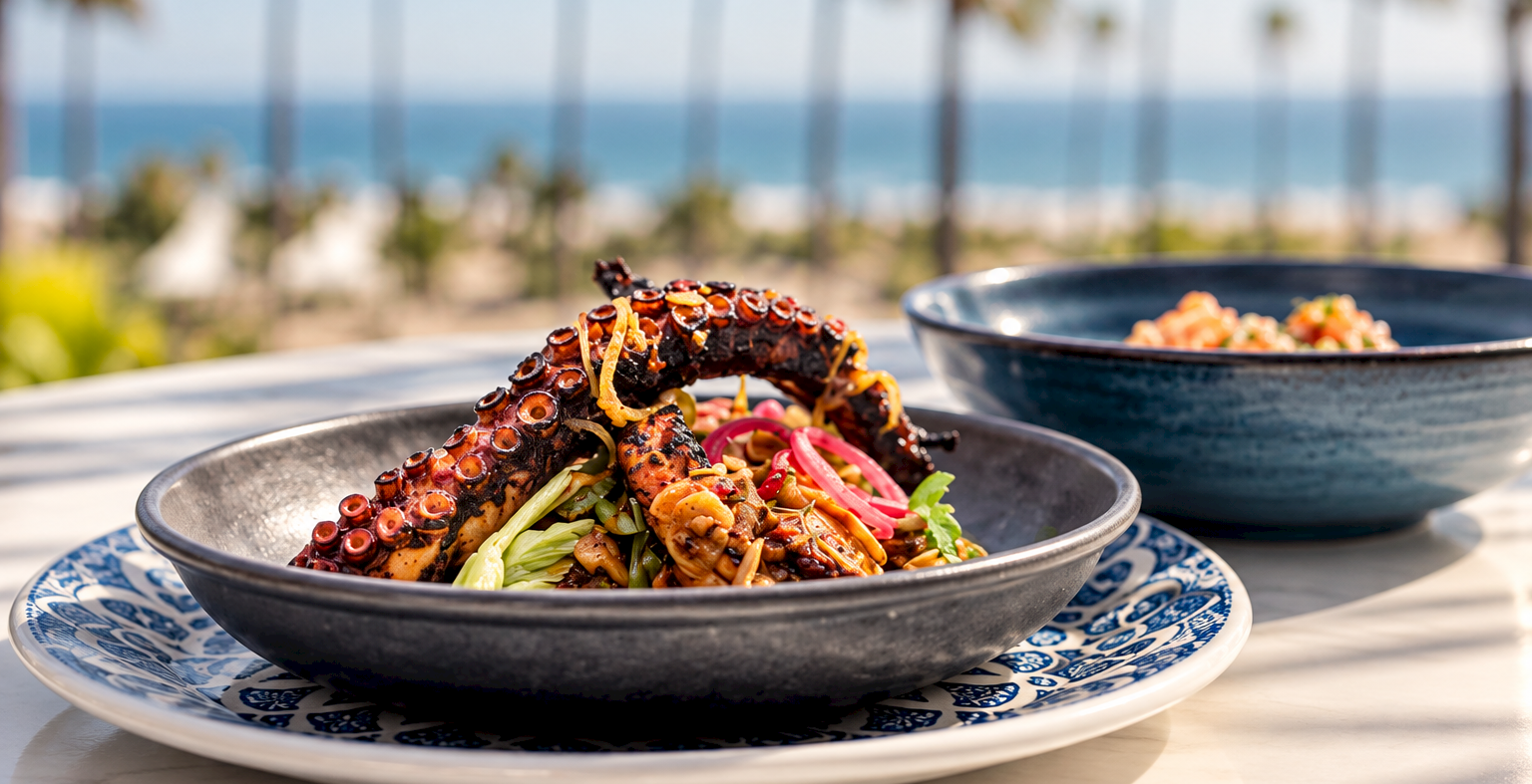 A bowl of grilled octopus with vegetables and pickled onions, served by the seaside with palm trees in the background.