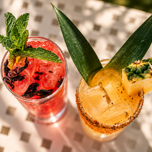 Two tropical drinks: a red watermelon cocktail and a pineapple margarita with mint garnish and ice.