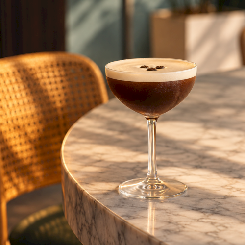 A coupe glass of coffee/espresso cocktail with crema and three coffee beans, set on a marble table in warm sunlight.