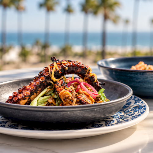 A bowl of grilled octopus with veggies and red peppers on a seaside table, with the ocean and a second dish blurred in the background.