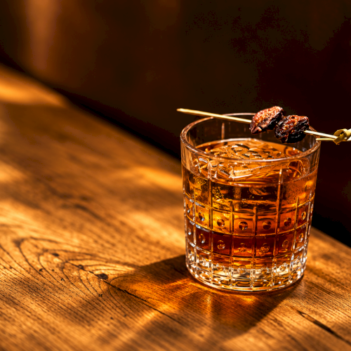 Amber cocktail in a rocks glass with ice and a skewer garnish, on a wooden bar under warm light.