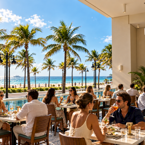 Outdoor seaside dining with friends under palm trees, enjoying drinks on a patio in warm sunlight.