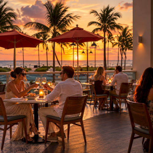A group enjoys candlelit dinner and wine under red umbrellas on a seaside patio at sunset, with palm trees in view.