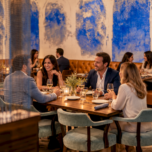 A group of friends enjoy a dinner together at a warmly lit restaurant table with sparkling wine and art on the wall.