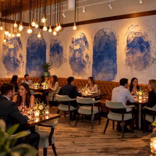 A stylish restaurant with diners seated at candlelit tables under warm hanging bulbs and blue wall art.