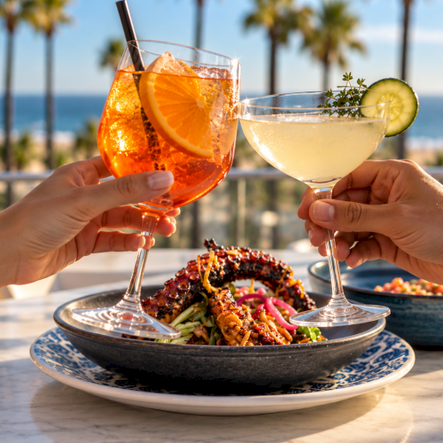 Two people clink glasses of tropical cocktails with citrus and cucumber on a seaside patio beside a colorful salad bowl.