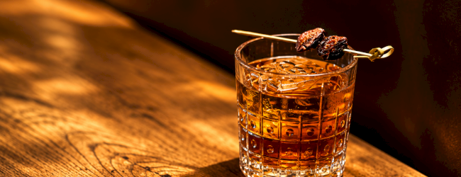 An amber whiskey cocktail in a faceted glass with ice, garnished with a glossy roasted chili on a skewer.