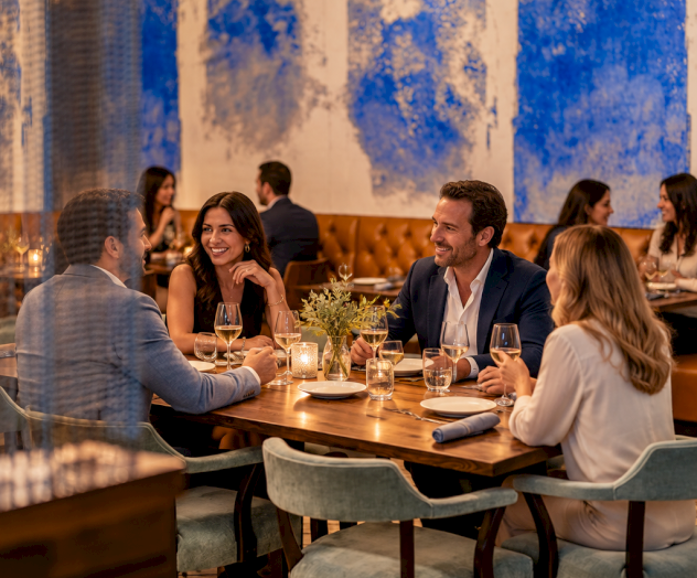 A group of adults dine and chat at a warmly lit restaurant table under hanging globe lights, with blue mural-style wall art behind them.