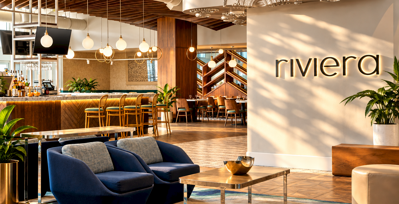 A stylish bar lounge interior with wood beams and seating, plus a wall sign reading &ldquo;rivera&rdquo;.