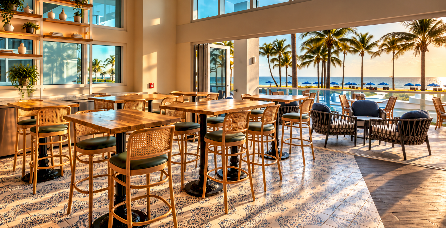 A bright tropical beachfront caf&eacute; with wooden tables, rattan chairs, and big windows showing palm trees and ocean under sunset skies.