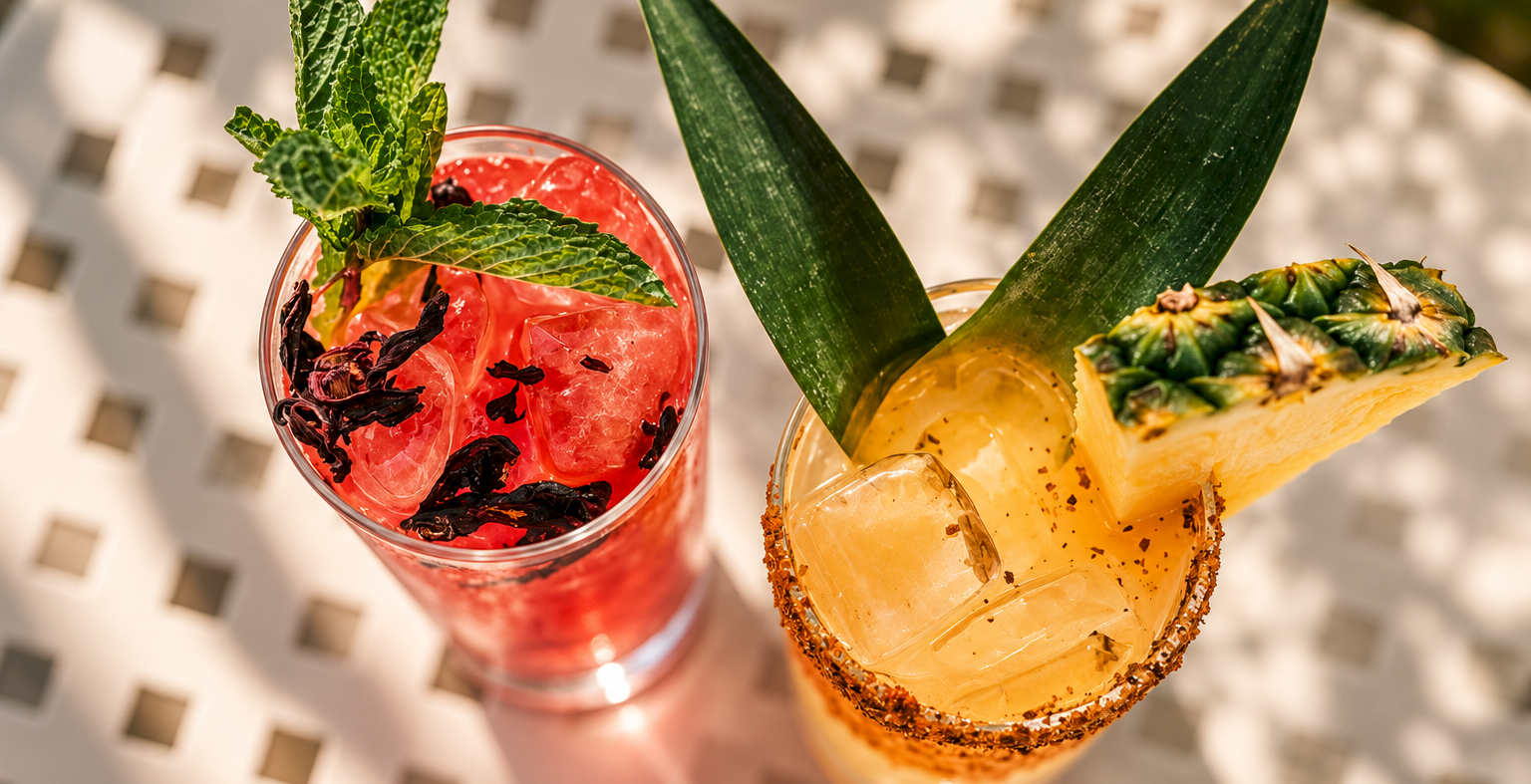 Two tropical cocktails in glasses&mdash;one red with mint, one yellow pineapple drink with chili-rim and fresh pineapple leaves.