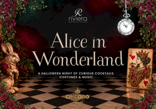 A promotional poster for Halloween &ldquo;Alice in Wonderland&rdquo; with a pocket watch, rabbit, playing card, and roses.